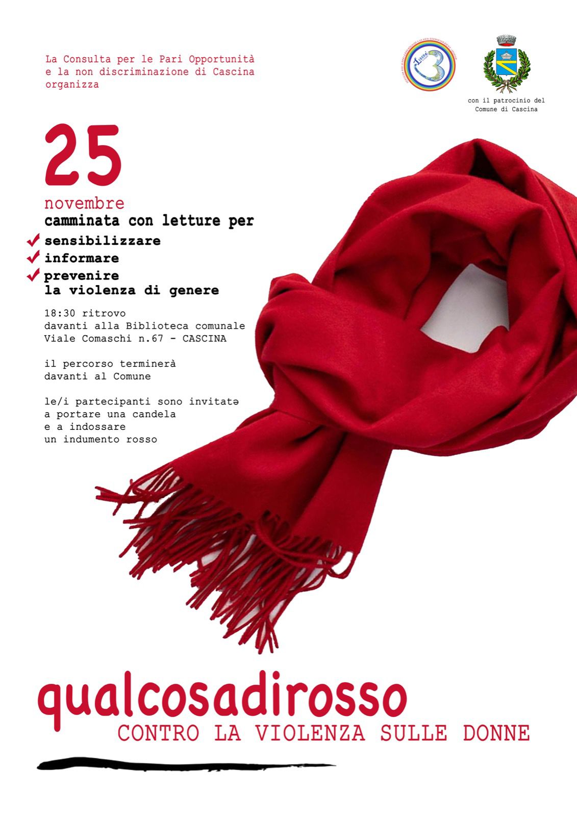 Cascina, passeggiata contro la violenza sulle donne: indossa un indumento rosso