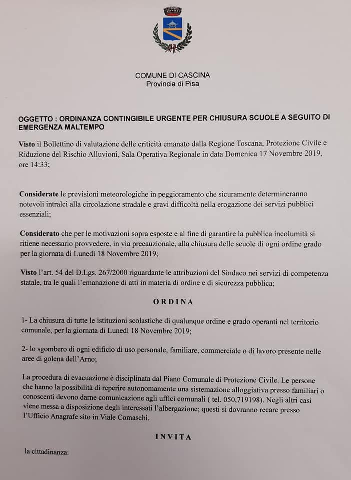 Scuole chiiuse domani 18 novembre