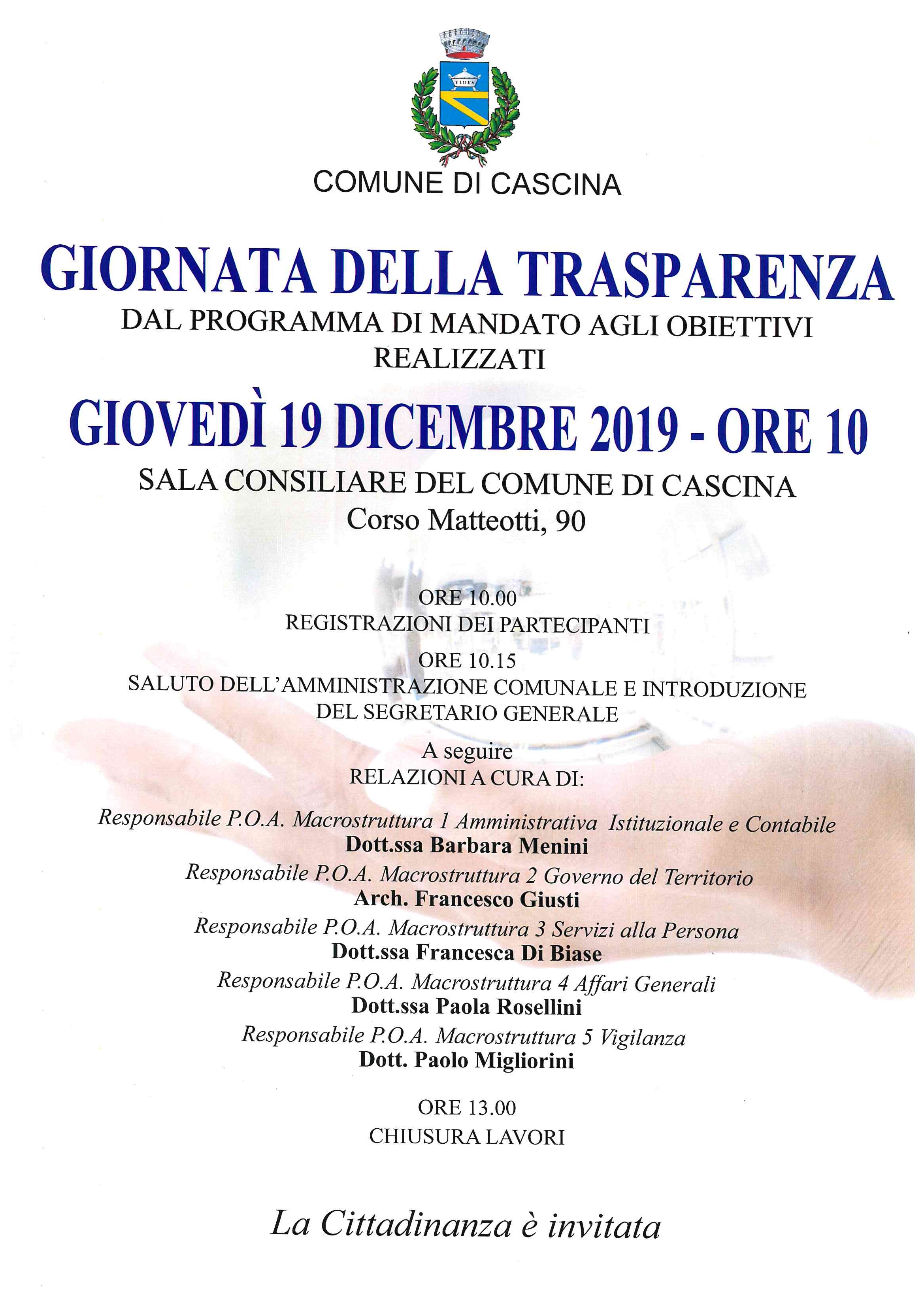 "Giornata della trasparenza" giovedì 19 dicembre 2019
