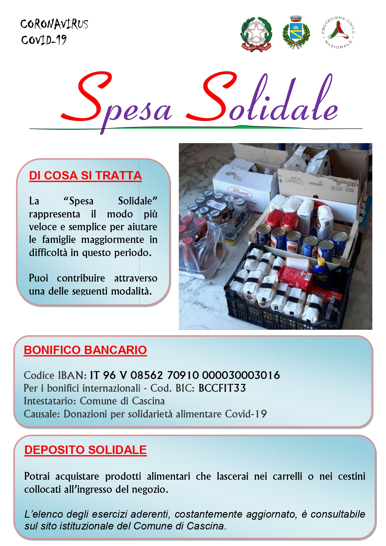 Il Comune di Cascina promuove la spesa solidale