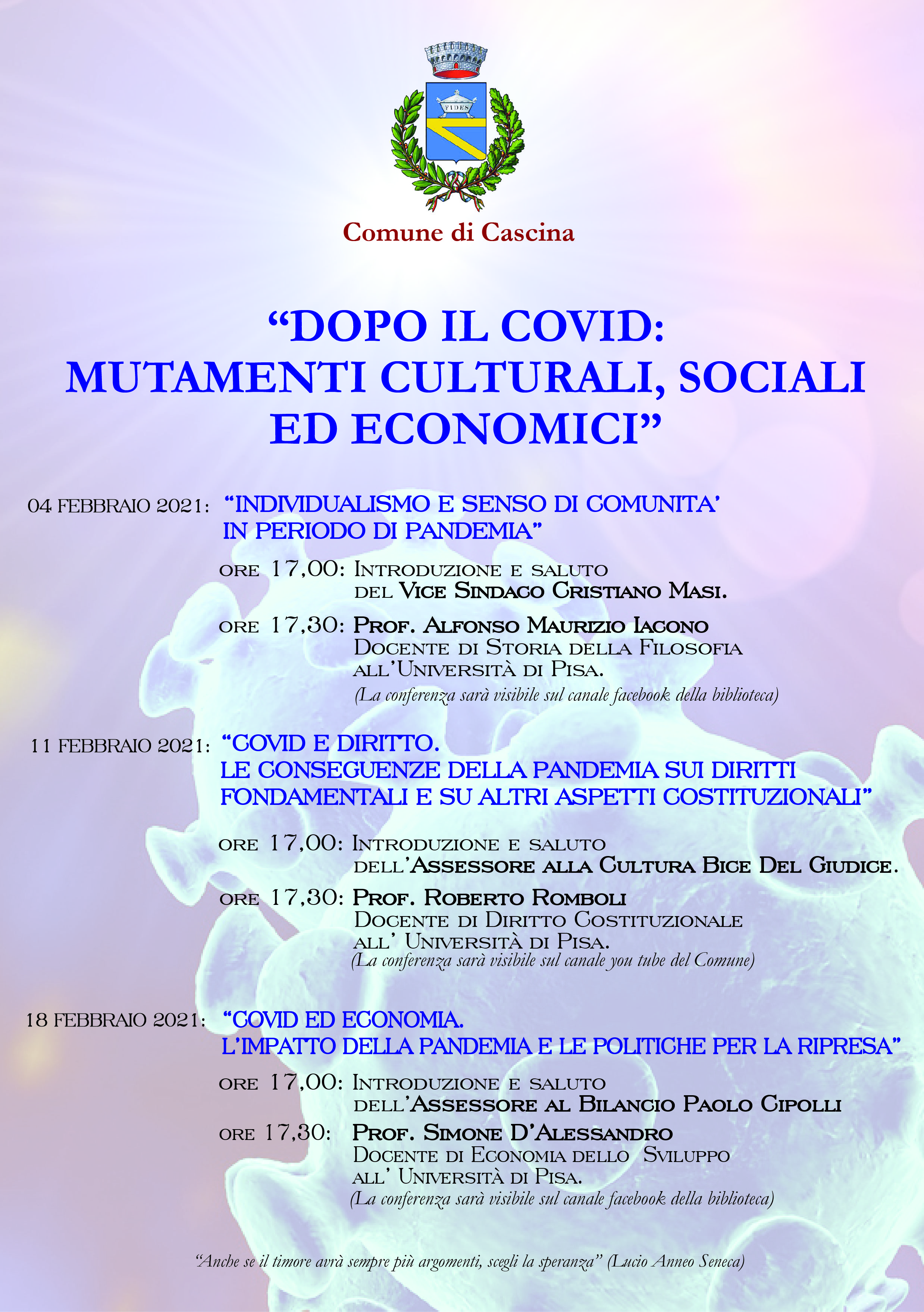 Il Comune di Cascina propone un ciclo di conferenze "Dopo il Covid:  Mutamenti  Culturali,  Sociali  ed  Economici"